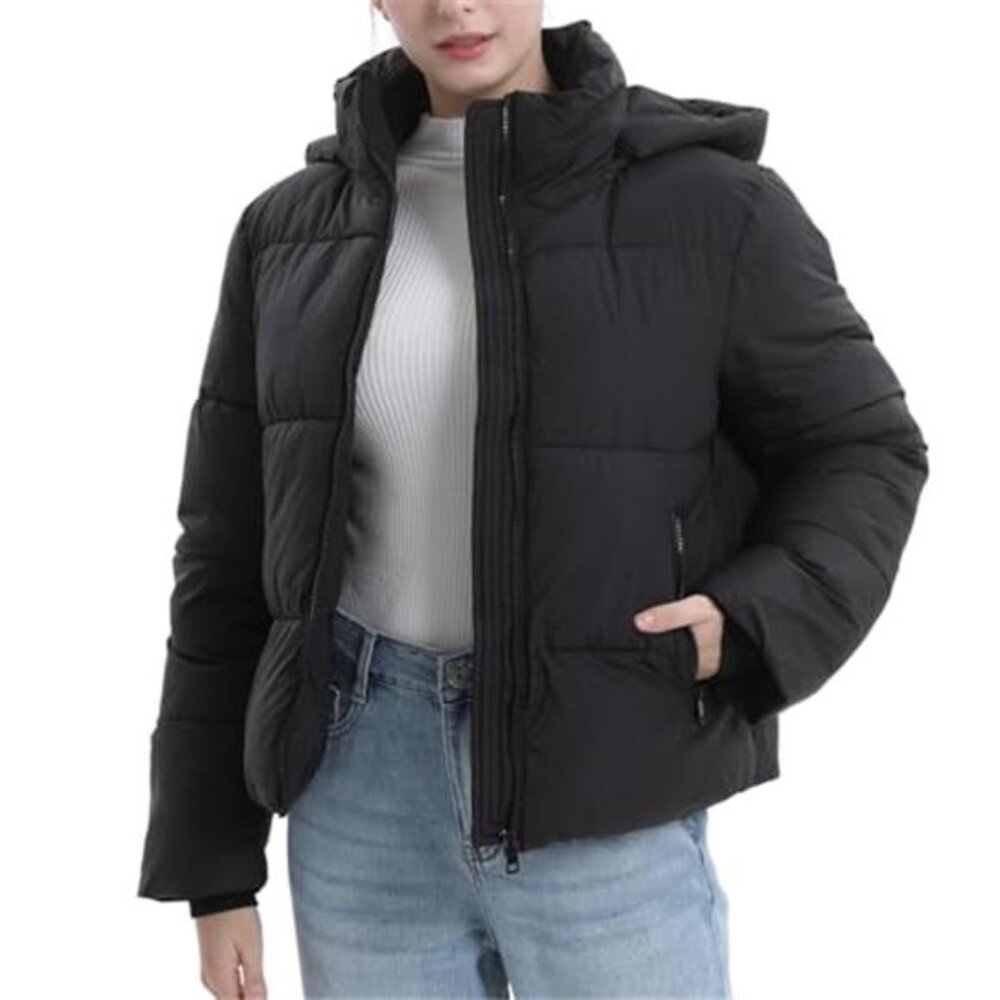 Womens Cropped Puffer Jacket Short Quilted Winter Coat Warm Hooded Zip Pockets